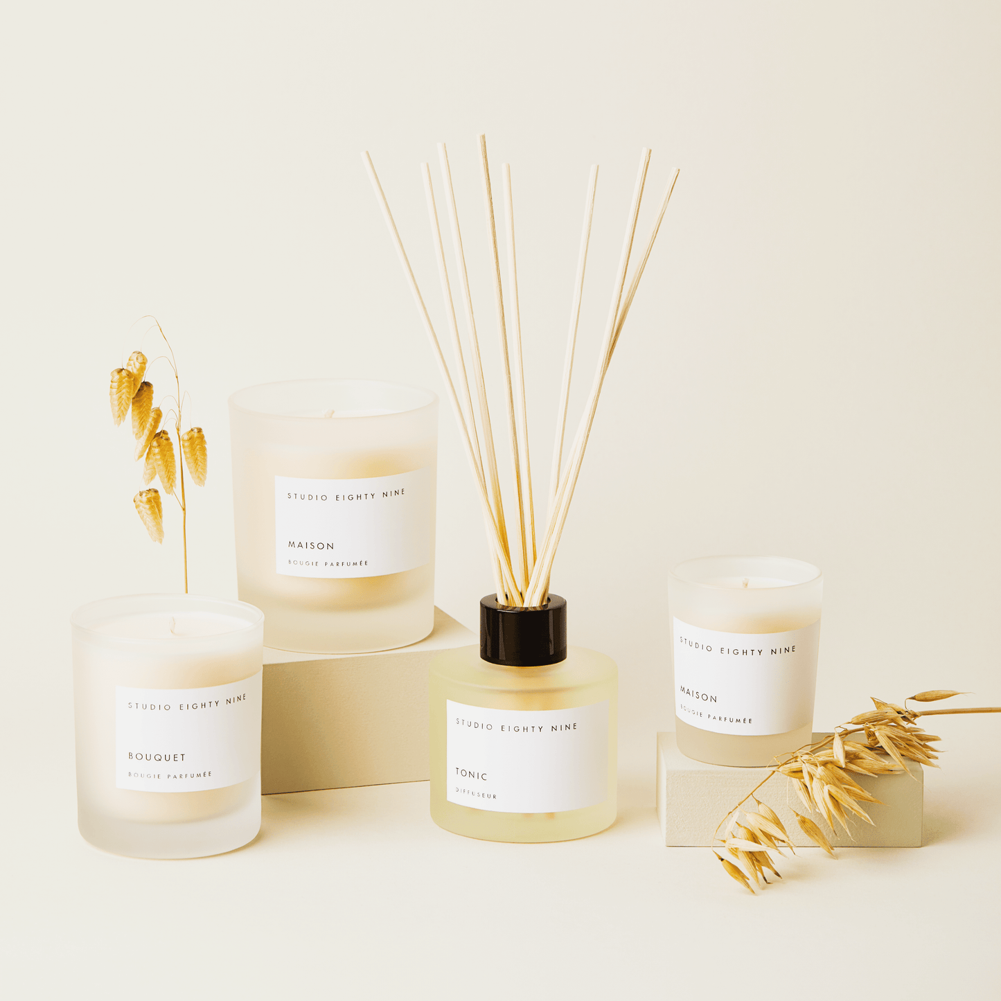 Studio Eighty Nine fragrance collection displayed on a light background. The collection includes petite, classic and grande-sized scented candles in frosted glass with beige-toned wax, featuring white minimalist labels with scents like ‘MAISON’ and ‘BOUQUET'. A reed diffuser in a squat circular frosted glass bottle with beige-toned reed sticks is present, labeled 'TONIC'.